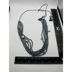 Marilyn Schiff Grey Multi Strand Crystal Beaded Hamsa Charm Tassel Necklace